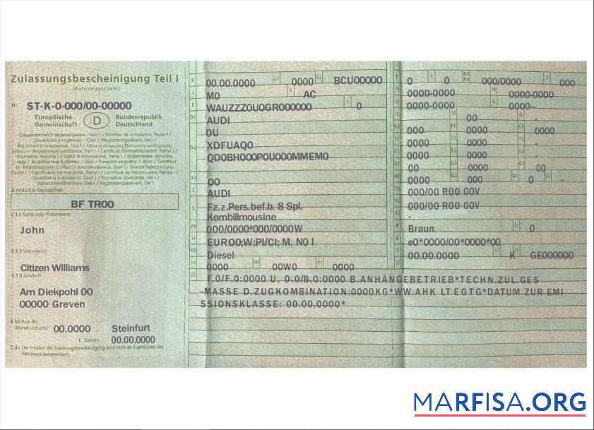 Downloadable Germany vehicle registration certificate example